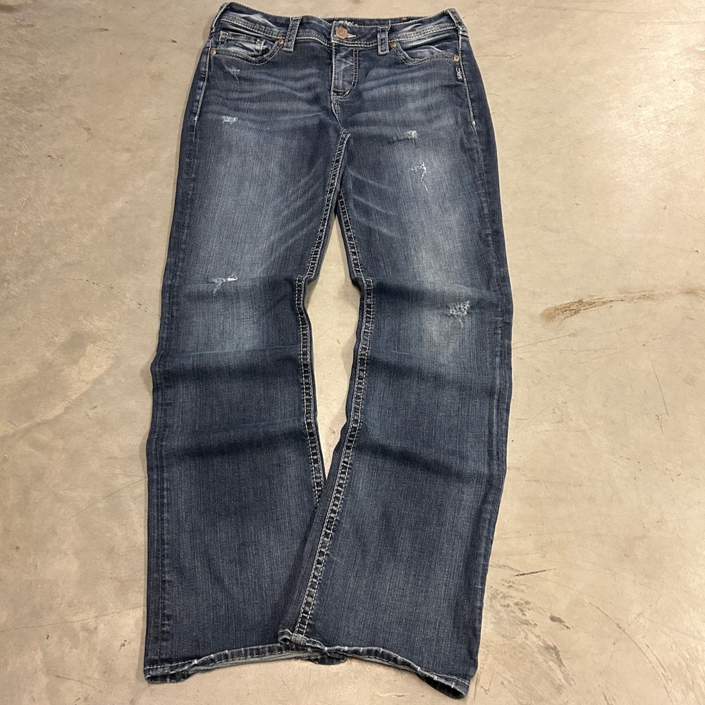 Silver Jeans Co Suki High Slim Boot Blue Distressed Jeans L94614SDI341 30x31